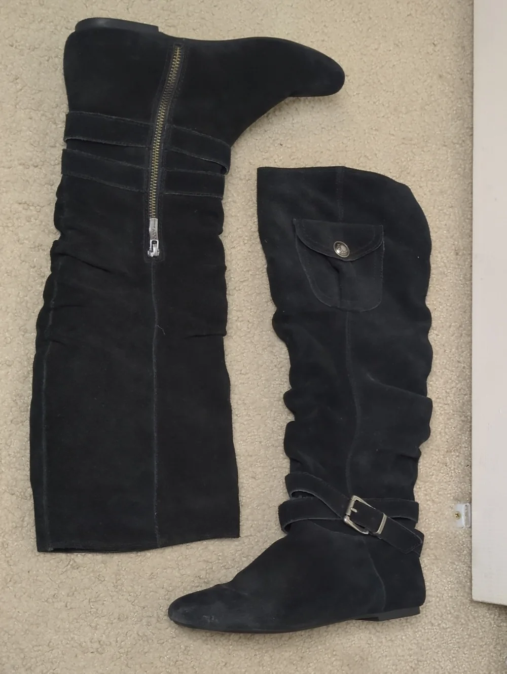 Women's Black Suede Knee-High Boots - Elegant Zip & Buckle Design